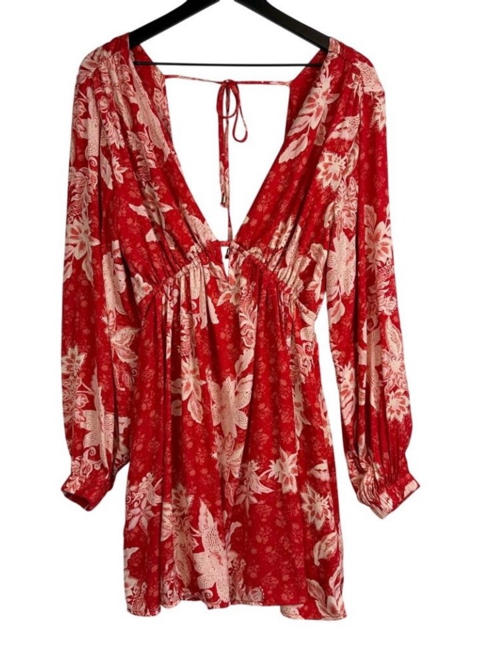 Free People Soli Mini Plunge Open Back Dress Red Floral - M